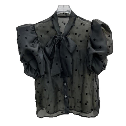 3D bow-tie puff sleeve polka dot sheer shirt