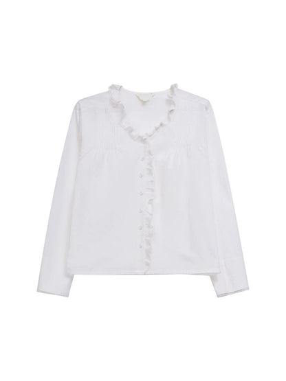 Ruffled lace trim deep V-neck shirt