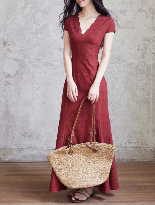 Retro-style openwork embroidered maxi dress - red