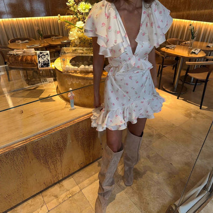 pink ruffled floral mini dress