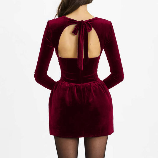red velvet long-sleeved square neck dress