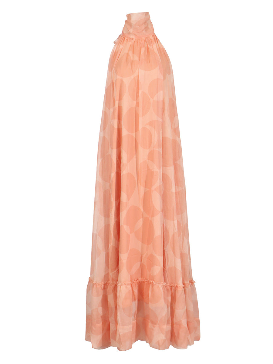 Backless halter neck sleeveless full skirt ruffle dress
