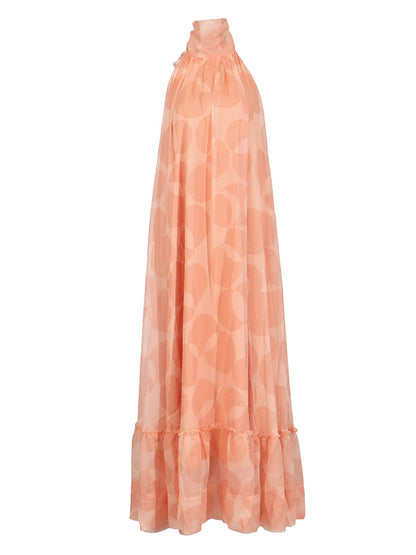 Backless halter neck sleeveless full skirt ruffle dress