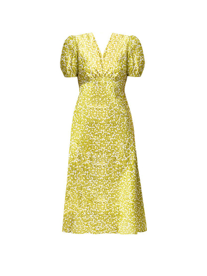 High-waisted V-neck pleated texture floral print midi dress - green