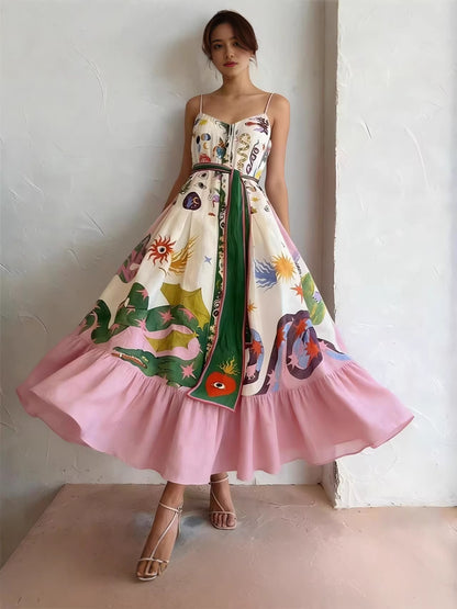 Printed camisole full-sweep maxi dress with ruffled