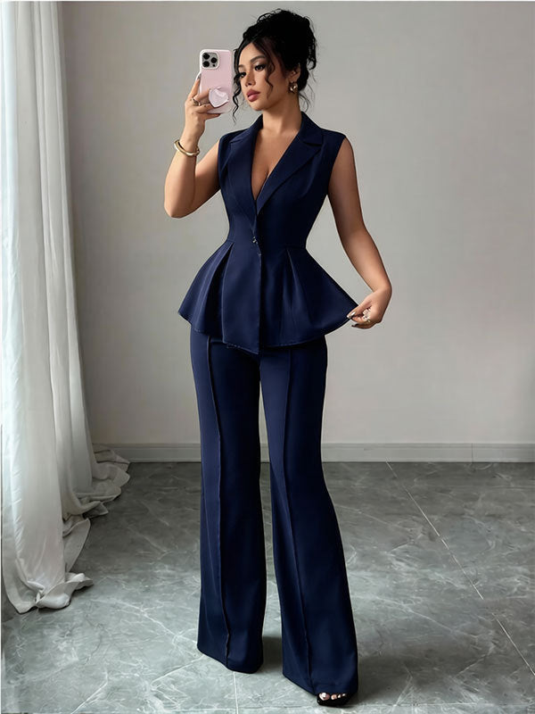 navy Deep V-neck Sleeveless Pleated Top with Wide-Leg Pants Set