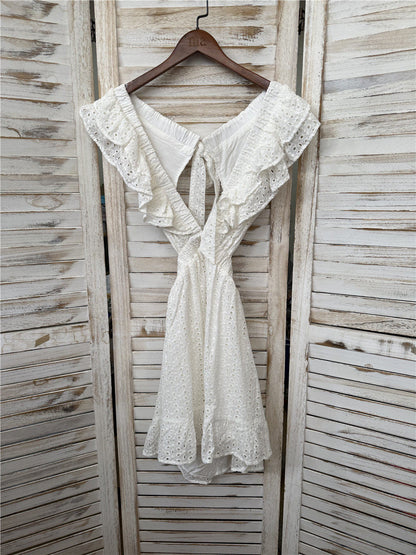embroidery hollow flying sleeves open back lace-up dress white