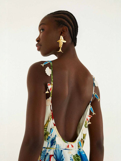 printed lace-up halter backless maxi dress