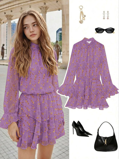 Layered turtleneck long-sleeved floral print mini dress