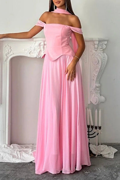 pink Streamer Off-the-Shoulder maxi Dress