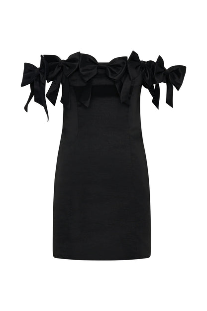 eileen Off-shoulder backless bow mini dress in black