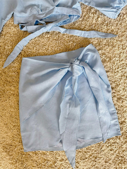 blue wrap-up bat sleeve cotton-linen set two-piece set