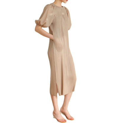 Pleated pastoral style bubble short-sleeved midi dress