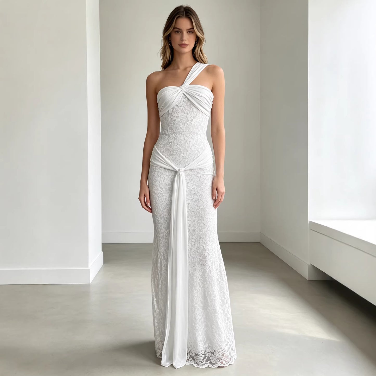 white slanted shoulder strap lace dress