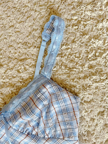 plaid ribbon bow V-neck camisole top