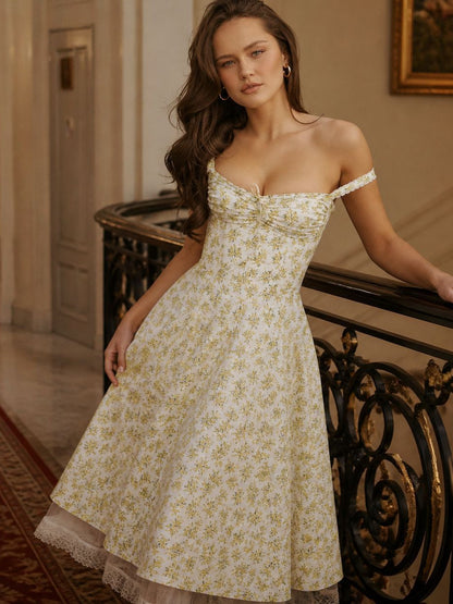 yellow floral lace suspender maxi dress