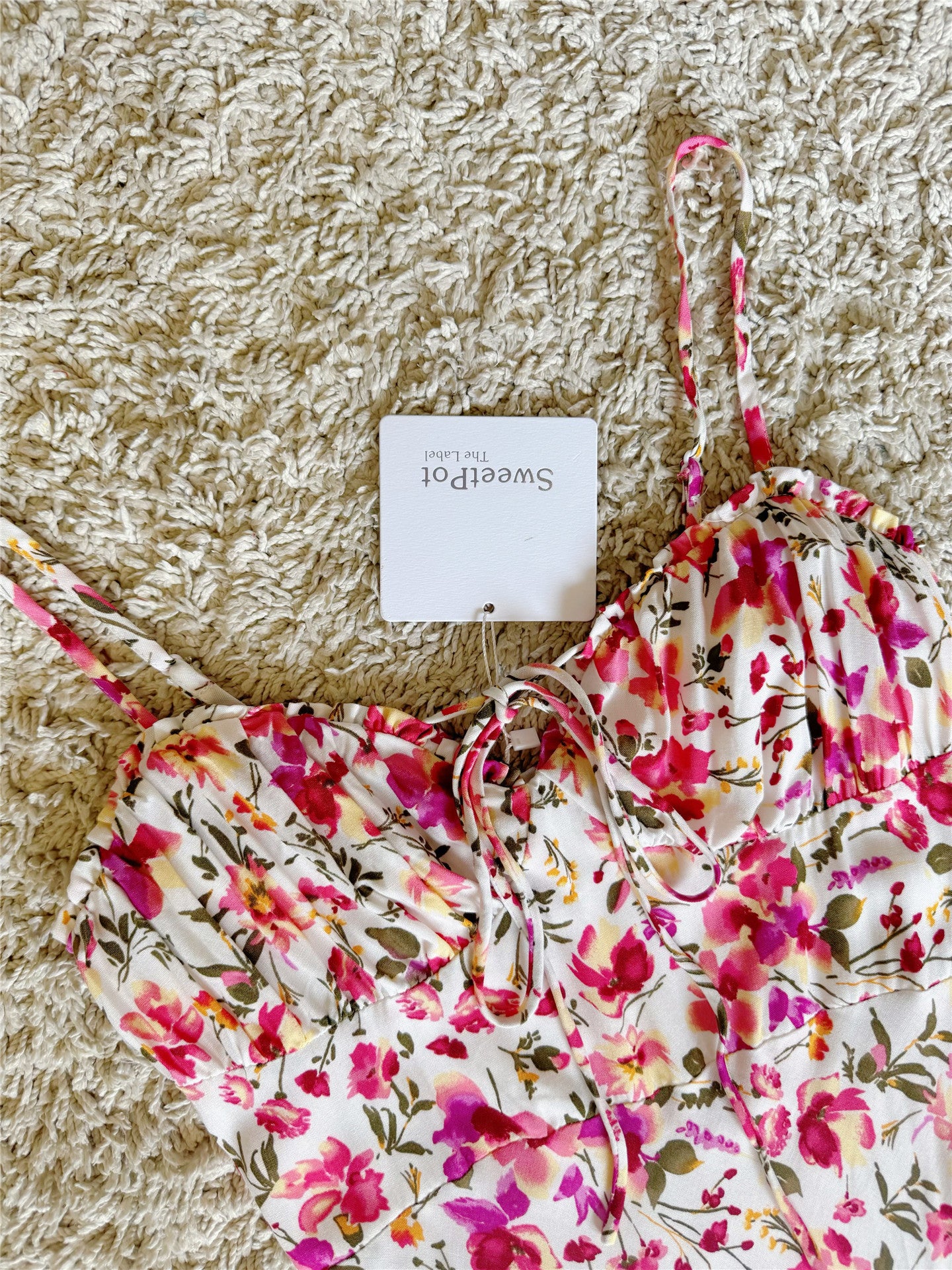 Front Tie Floral Spaghetti Strap Midi Slip Dress
