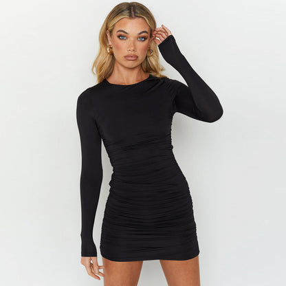 Long-sleeved round neck backless tie-up bodycon dress