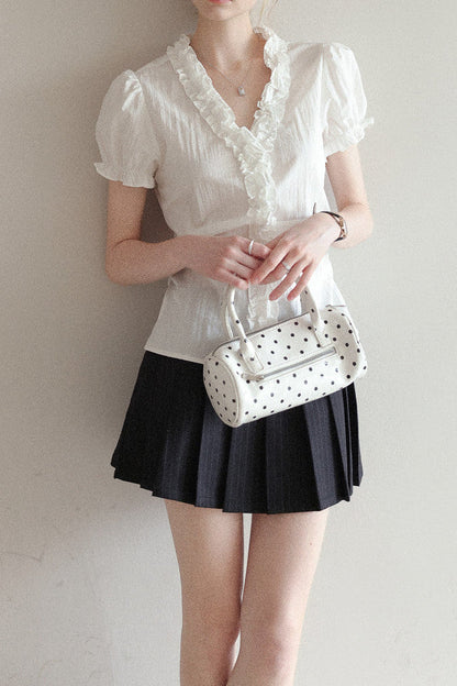 Puff sleeve ruffled V-neck short-sleeved shirt