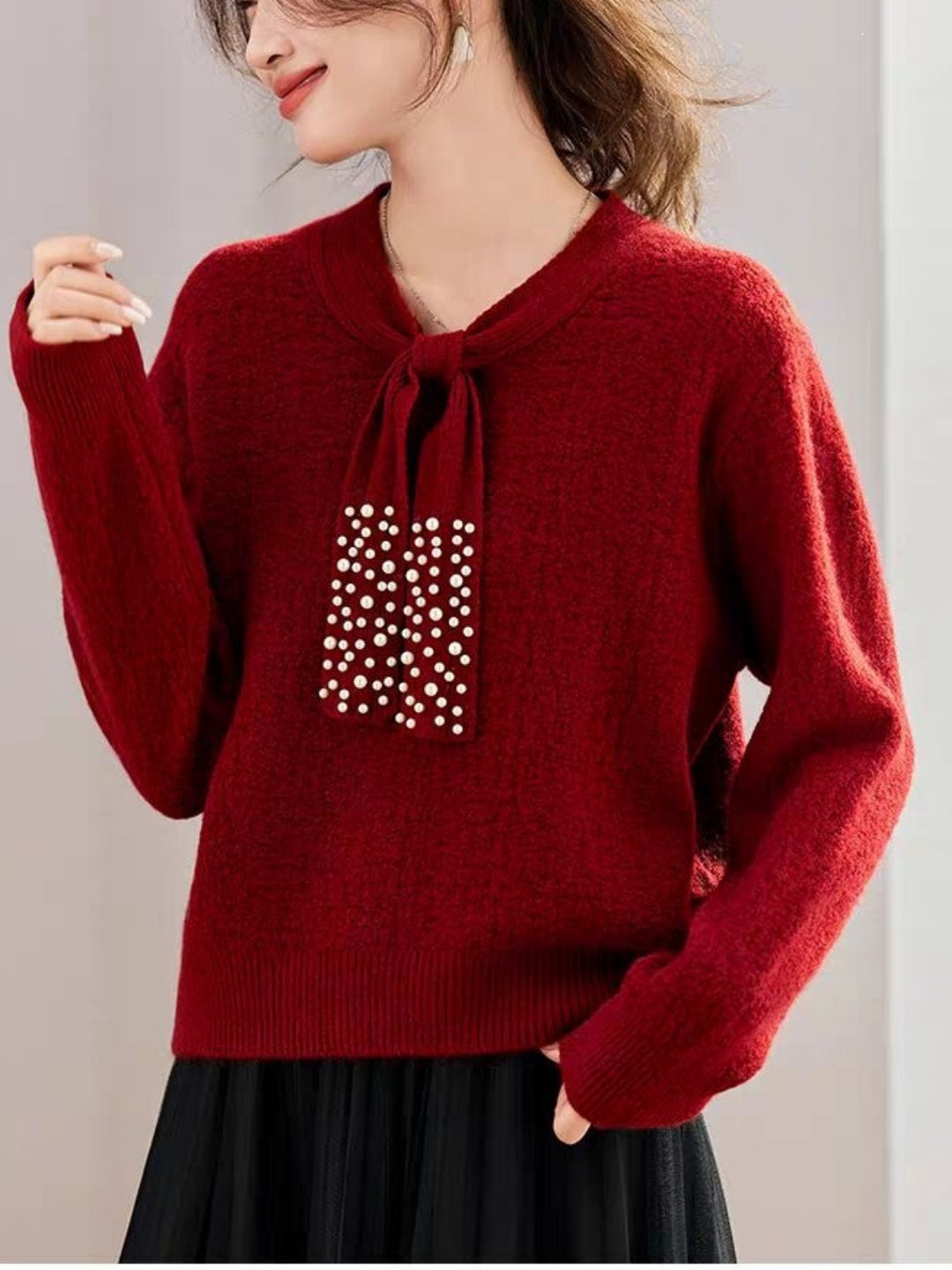 Textured Beaded Red Sweater