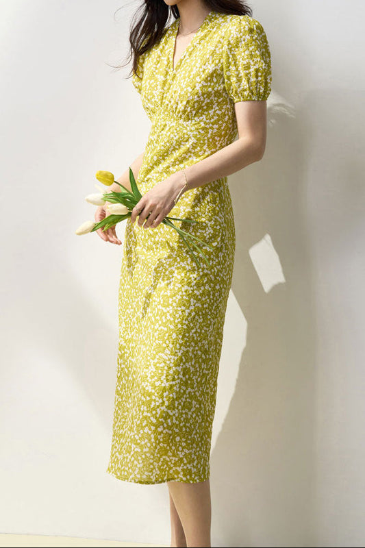 High-waisted V-neck pleated texture floral print midi dress - green