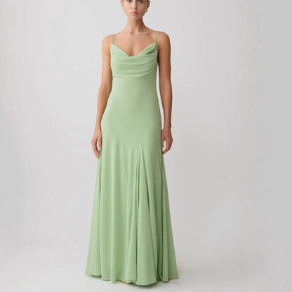 green chiffon slip swing collar dress