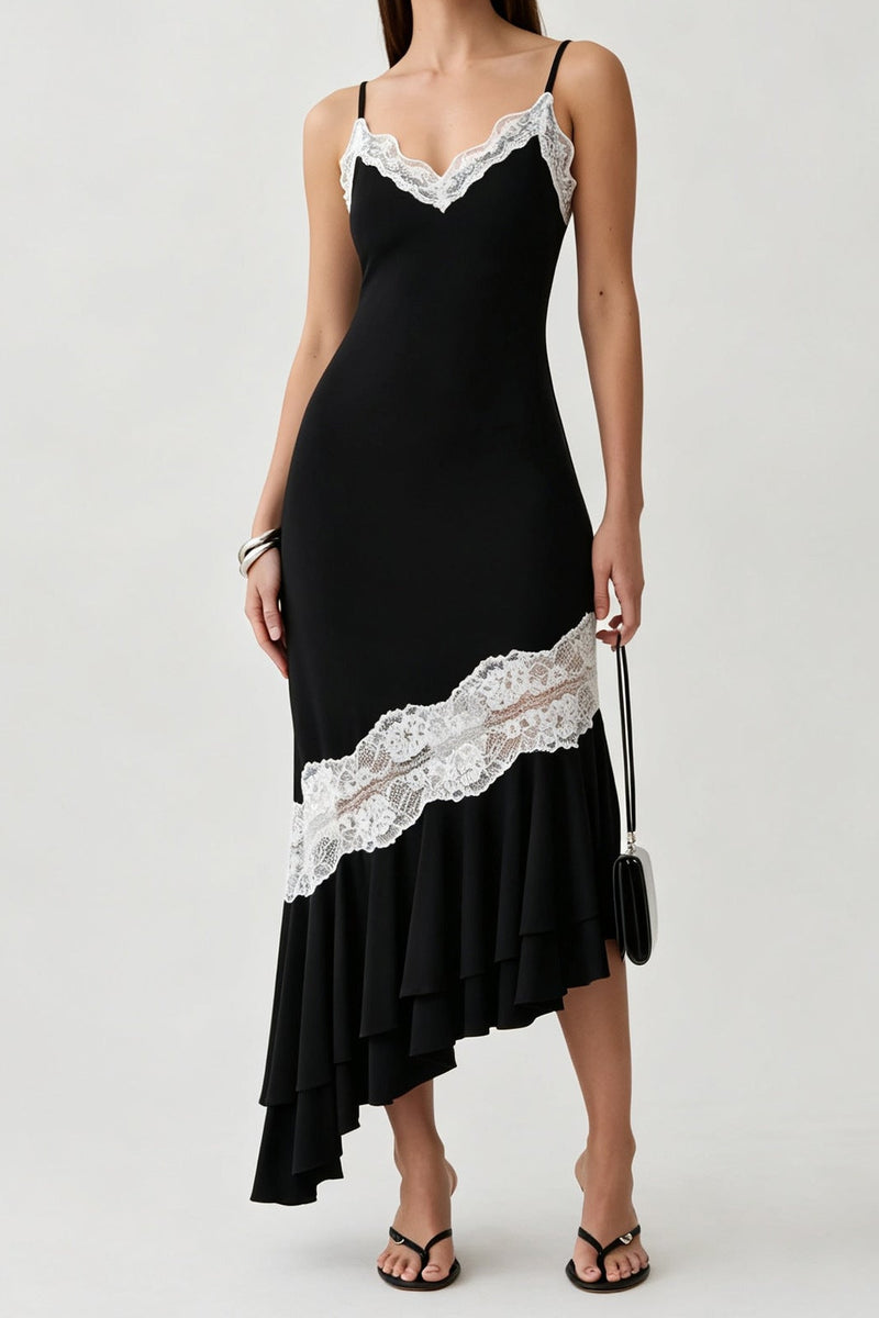 Black V-neck camisole maxi dress with asymmetrical lace splicing & cut-out