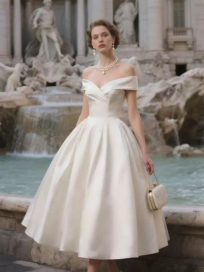 Sharon White Off Shoulder Satin Midi Wedding Dress