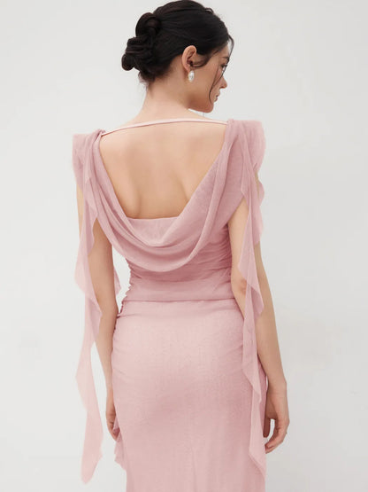pink Suspender Lace Open Back Ruffle Dress