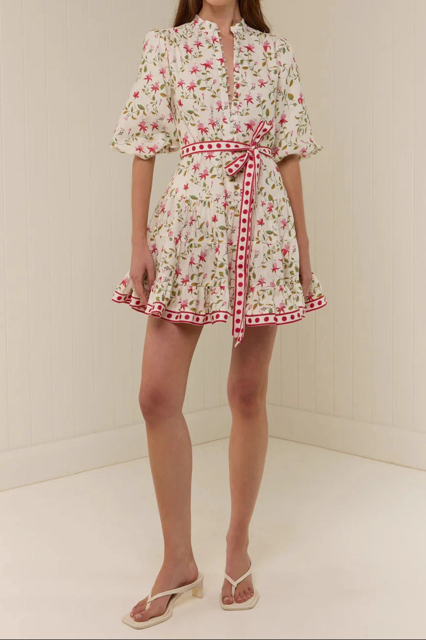 Belt Floral Puff Sleeve Mini Dress