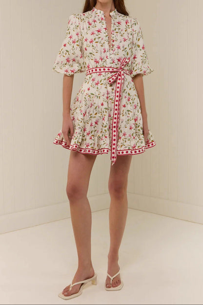 Belt Floral Puff Sleeve Mini Dress
