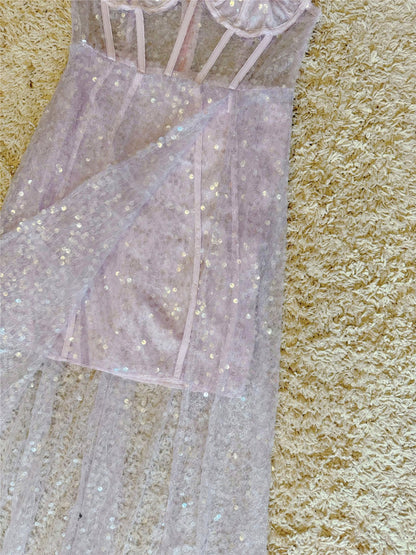 Lavender Sequin Corset Maxi Dress