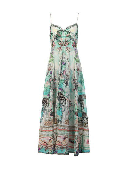 Bohemian print ruffled hem maxi dress - green