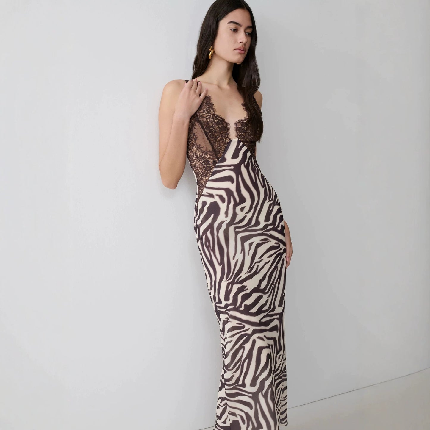 Zebra-print lace-panelled slit camisole maxi dress