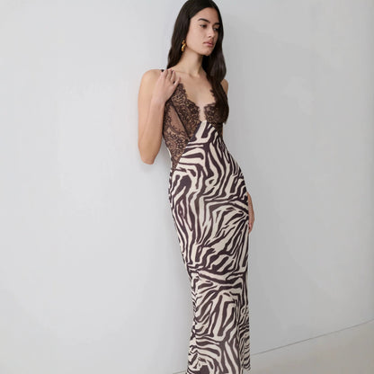 Zebra-print lace-panelled slit camisole maxi dress
