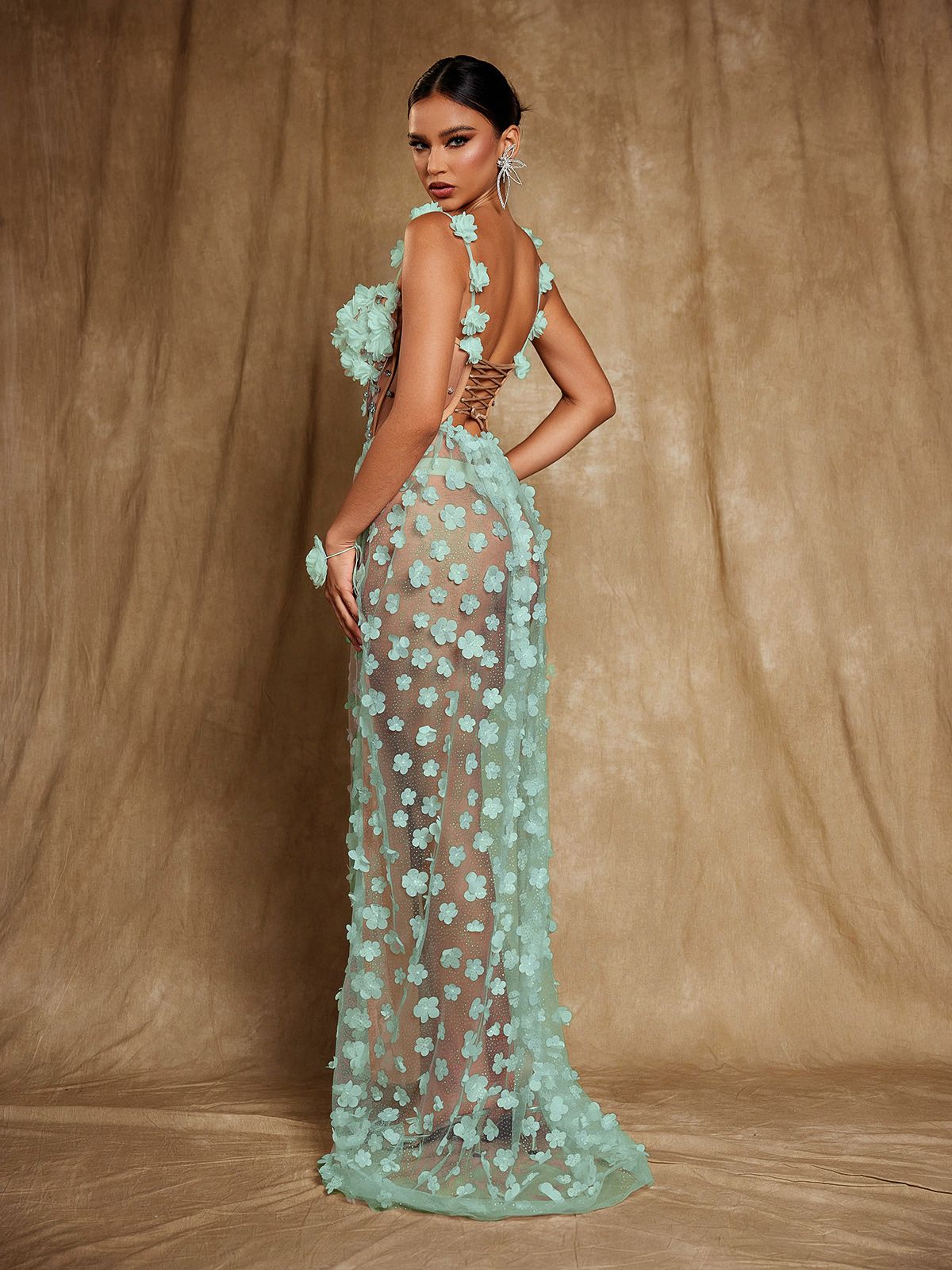 Oksana Spaghetti Flower Corset Maxi Dress In Green