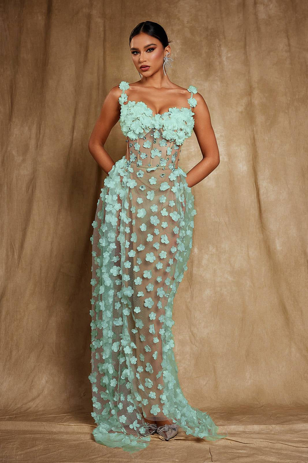 Oksana Spaghetti Flower Corset Maxi Dress In Green