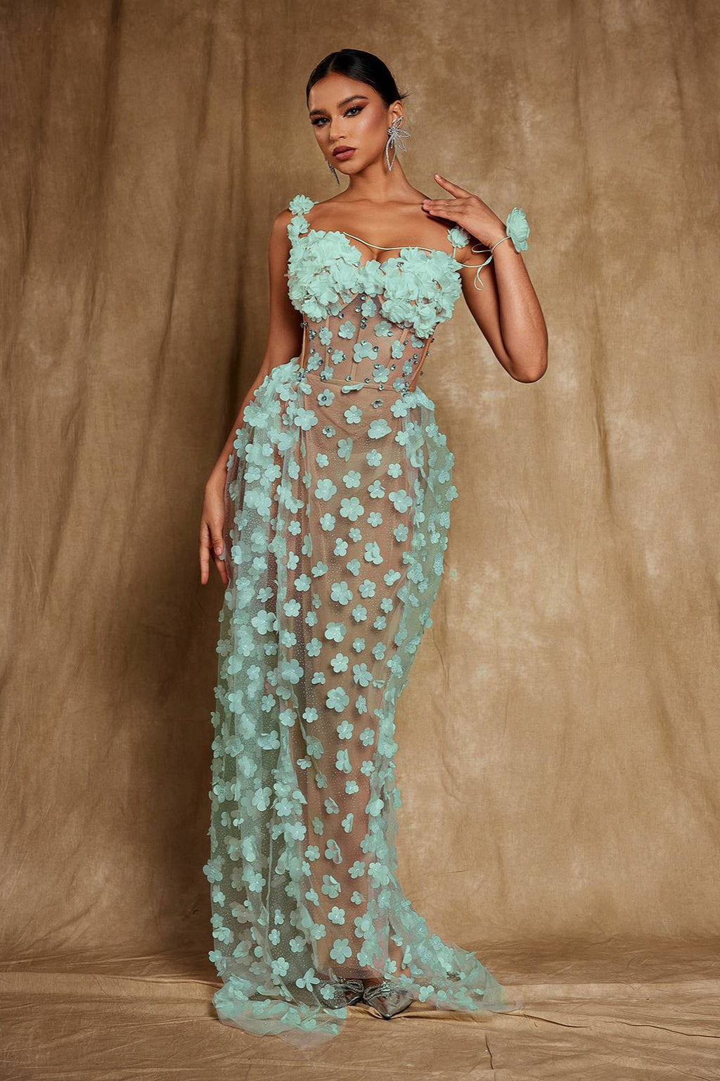 Oksana Spaghetti Flower Corset Maxi Dress In Green