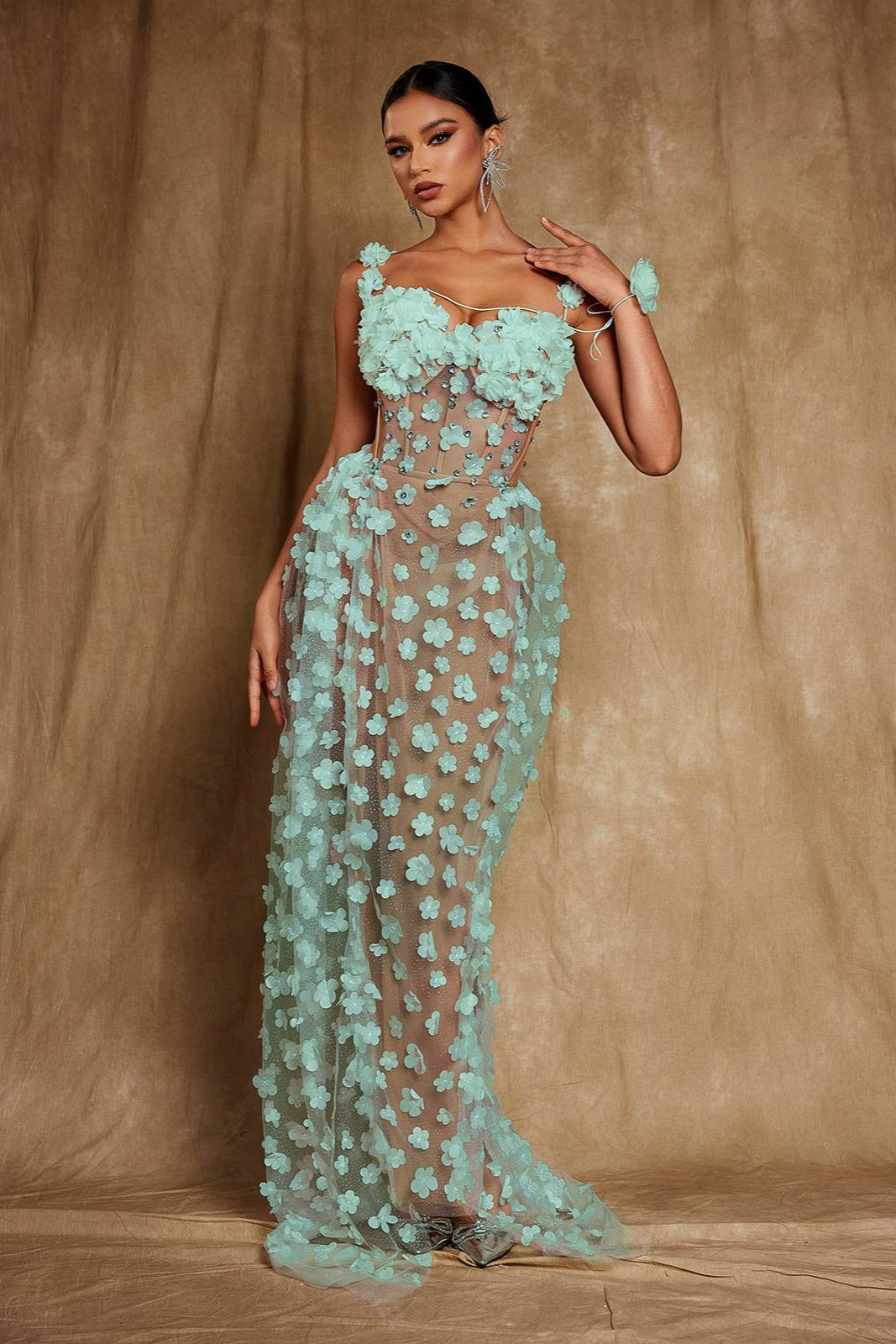 Oksana Spaghetti Flower Corset Maxi Dress In Green