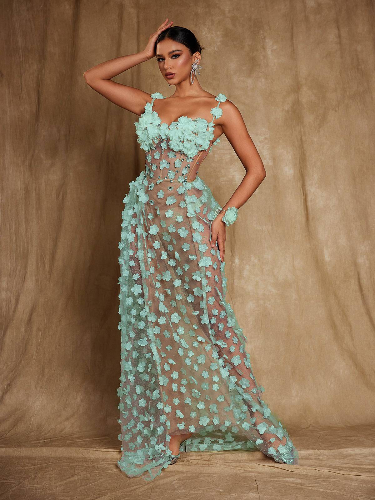 Oksana Spaghetti Flower Corset Maxi Dress In Green