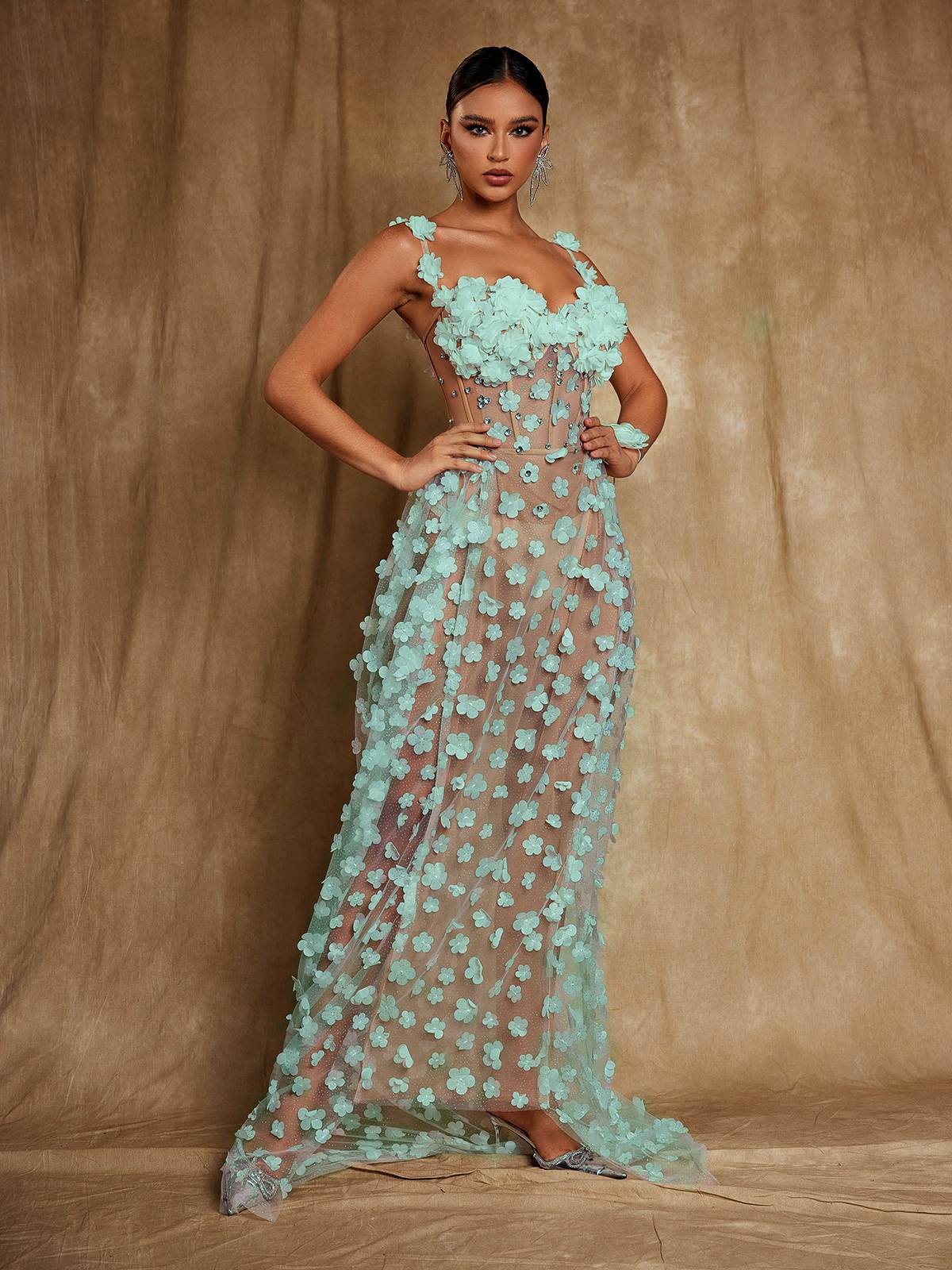 Oksana Spaghetti Flower Corset Maxi Dress In Green