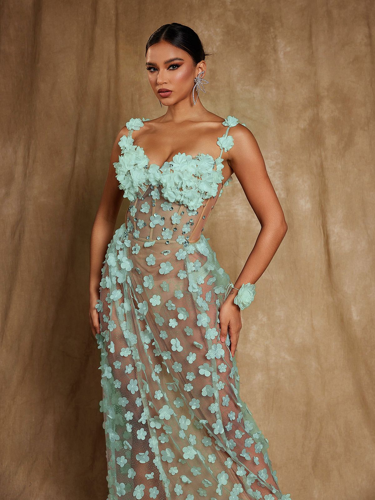 Oksana Spaghetti Flower Corset Maxi Dress In Green
