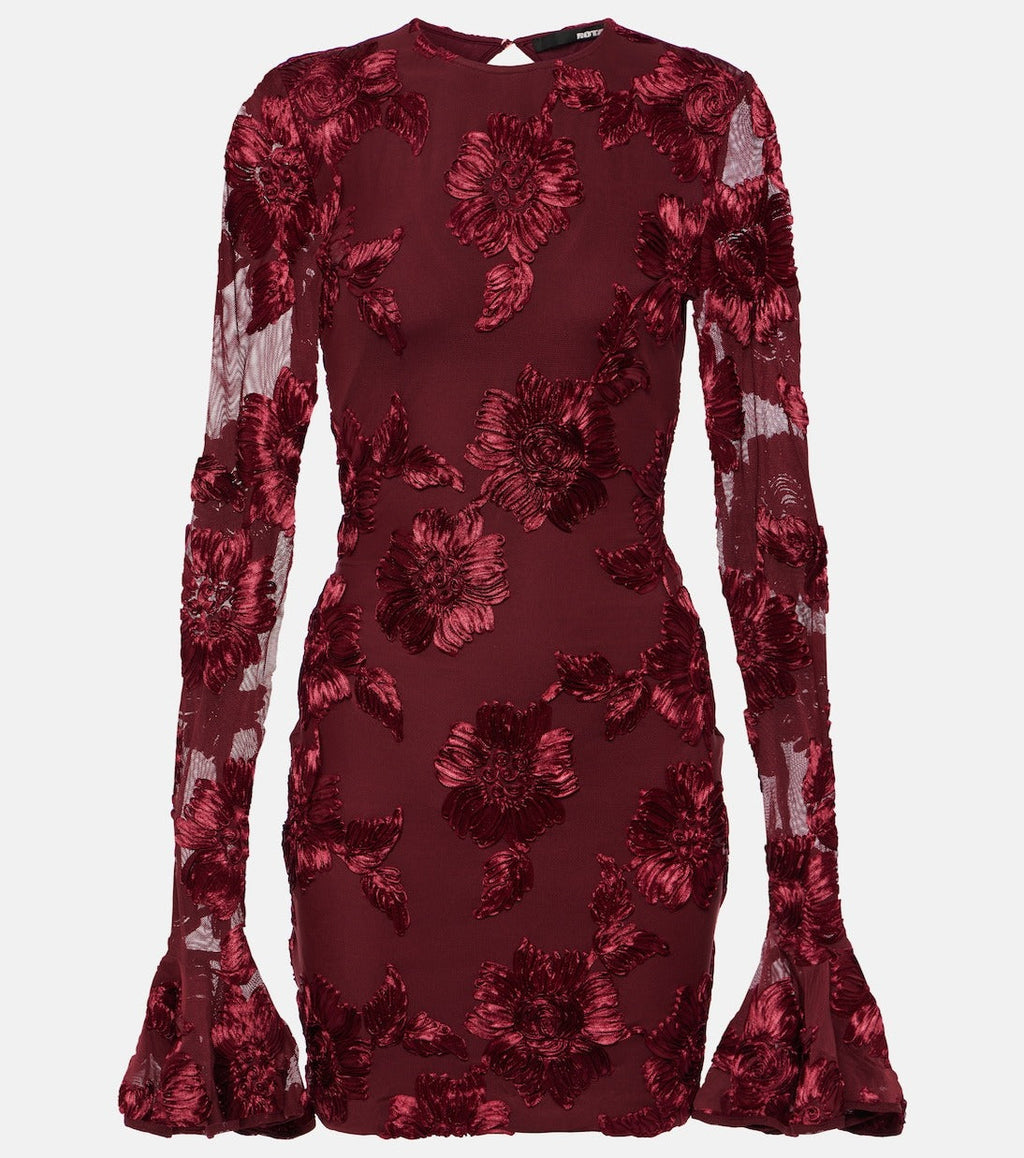 Floral-Embroidered Mesh Mini Dress In Wine Red