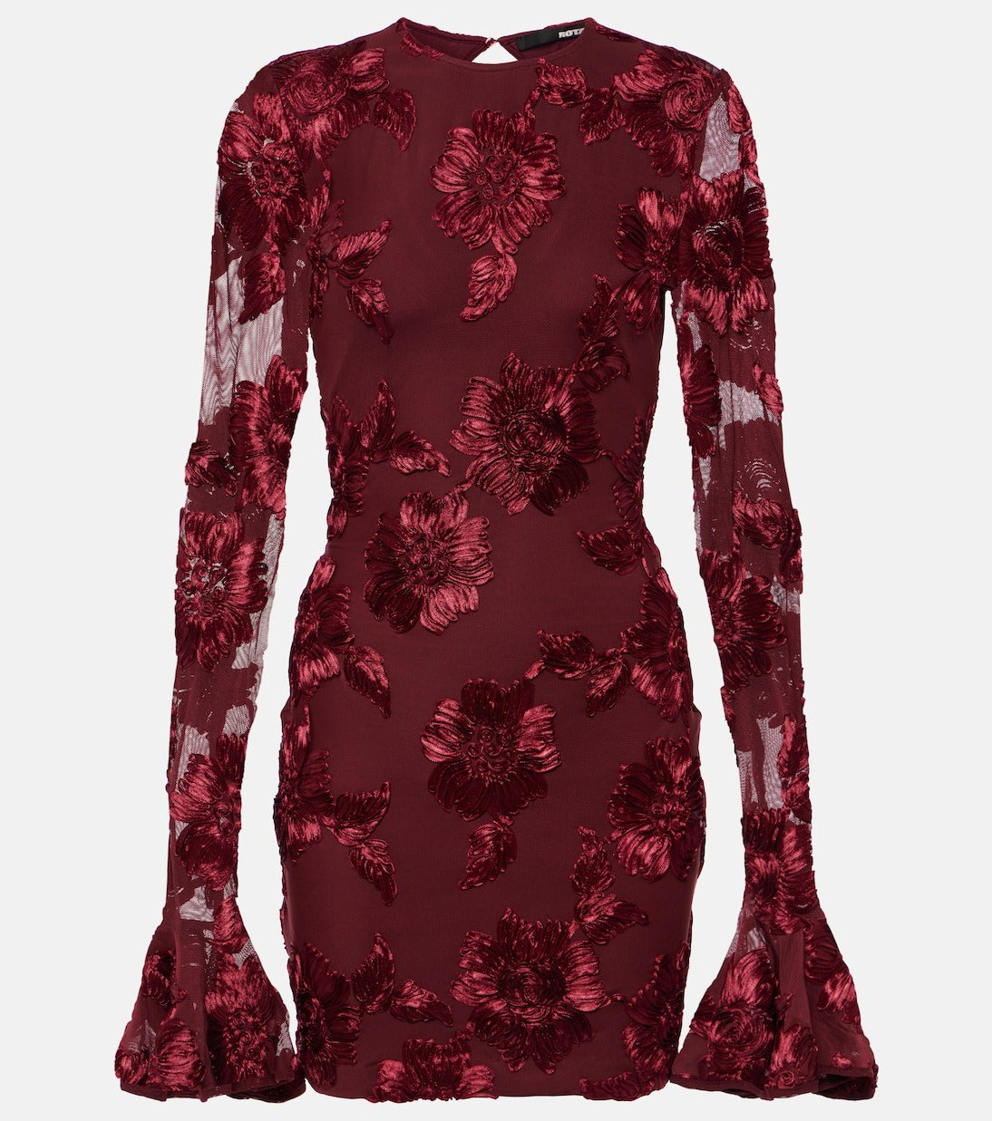 Floral-Embroidered Mesh Mini Dress In Wine Red
