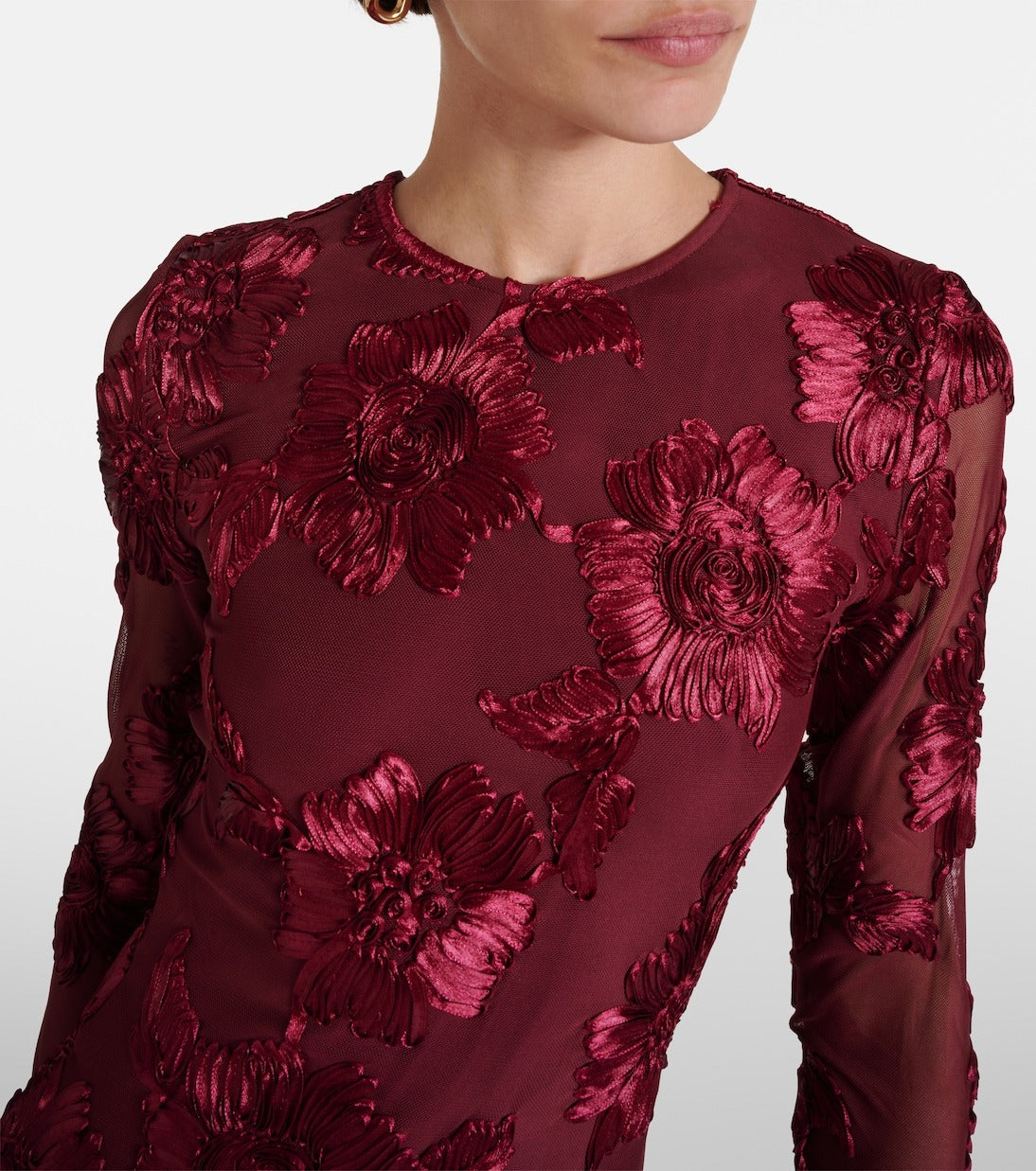 Floral-Embroidered Mesh Mini Dress In Wine Red