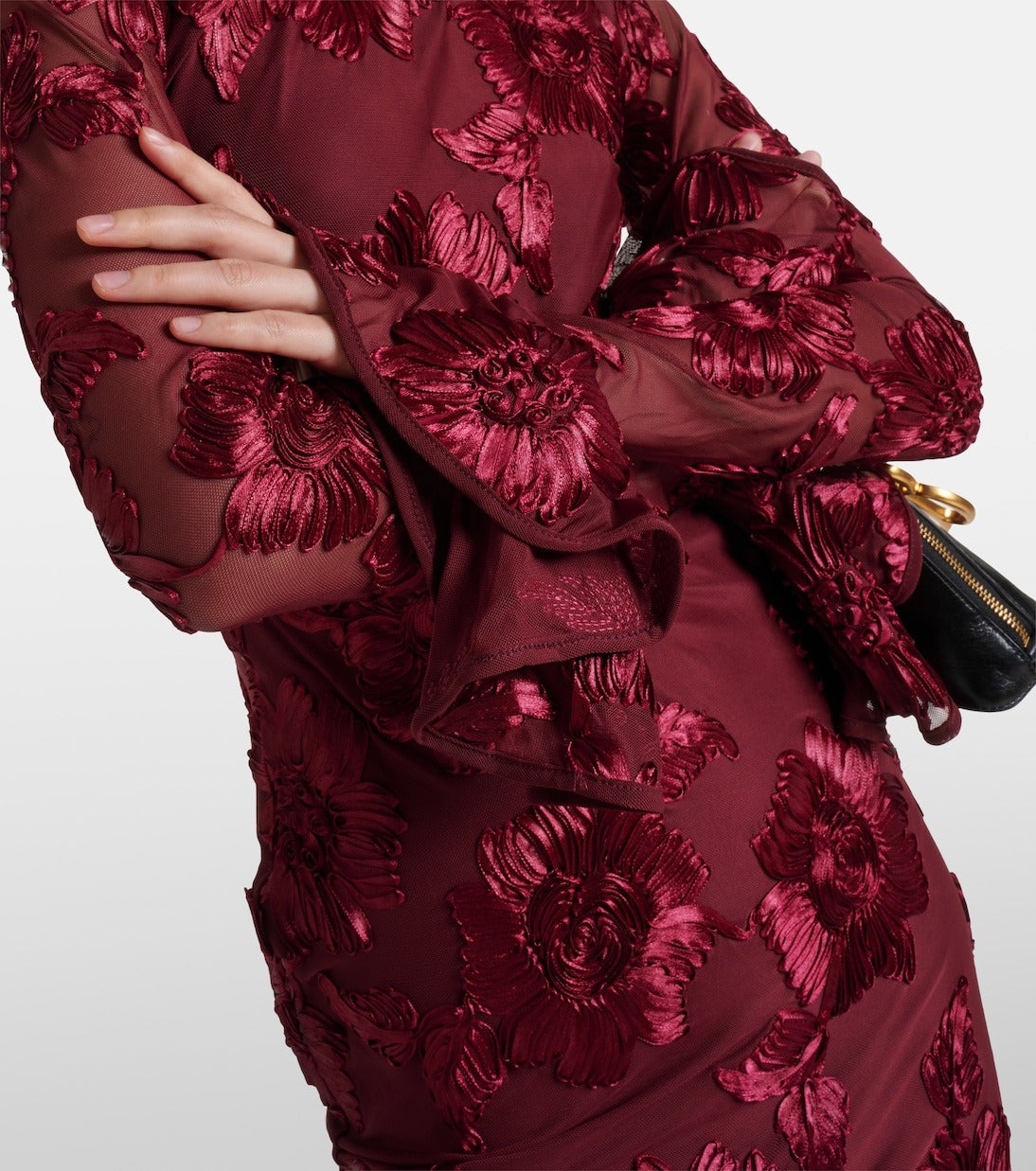 Floral-Embroidered Mesh Mini Dress In Wine Red