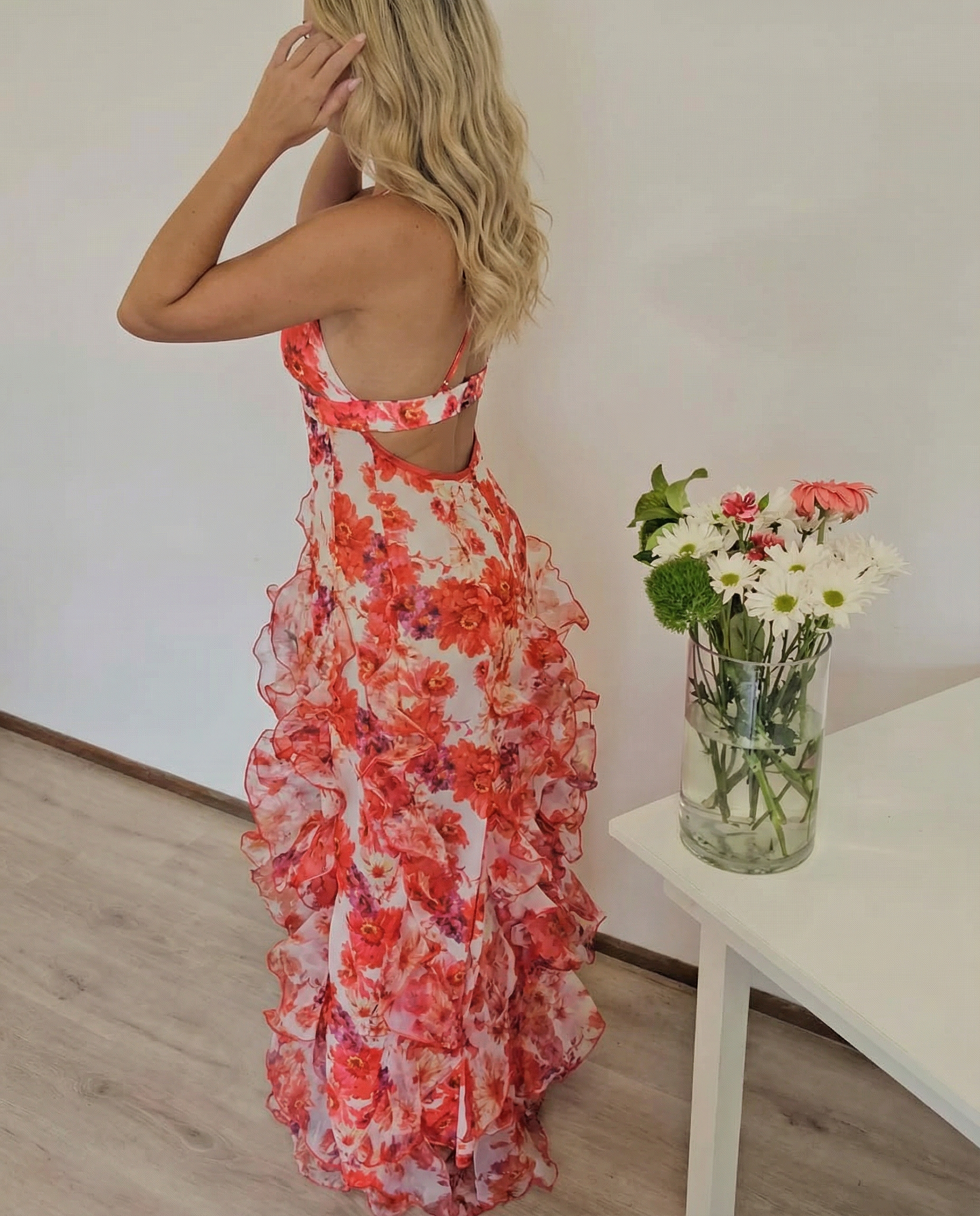 floral print ruffle high slit mini Dress - red