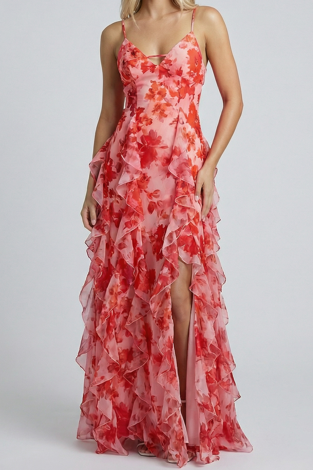 floral print ruffle high slit mini Dress - red
