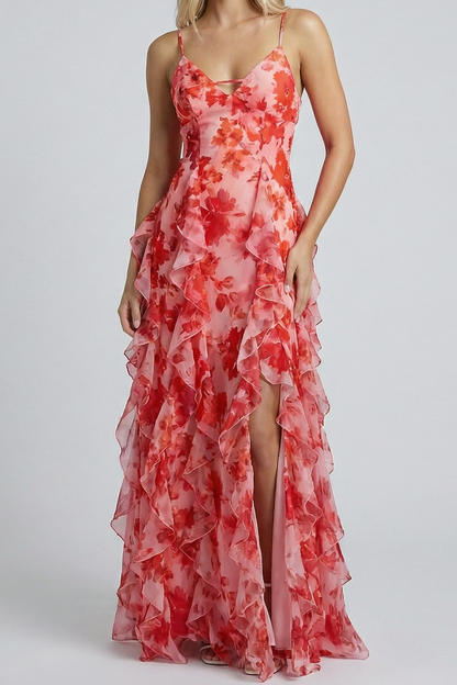 floral print ruffle high slit mini Dress - red