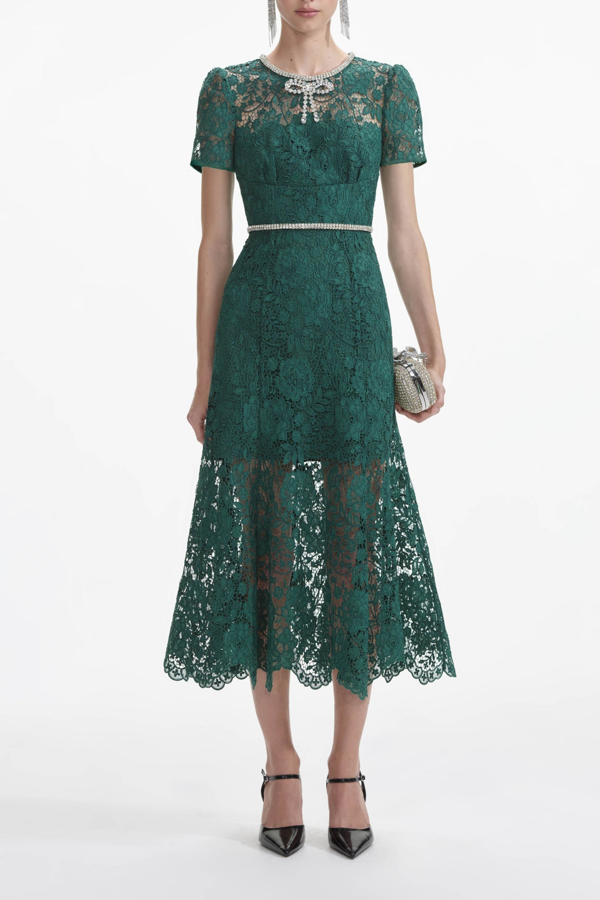 Green Lace Diamante Bow Midi Dress